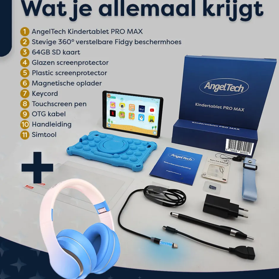 AngelTech Kinderpakket PRO MAX - Kindertablet + Kinderkoptelefoon< Tablets