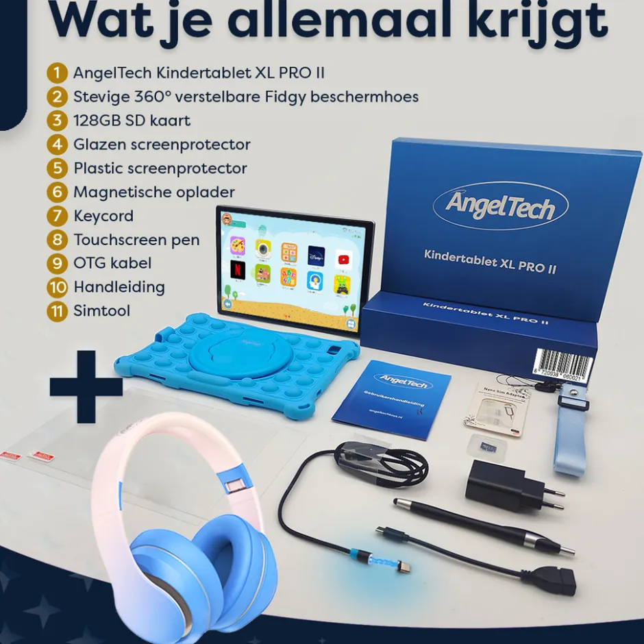 AngelTech Kinderpakket PRO II - Kindertablet + Kinderkoptelefoon| Discount