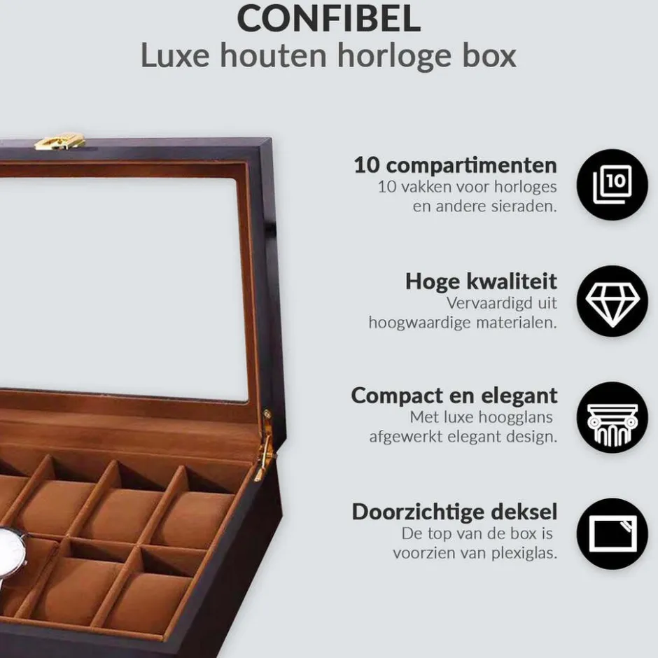 Confibel Horloge box voor uw juwelen en sieraden 10 compartimenten met kussentjes< Sieraden En Bijoux