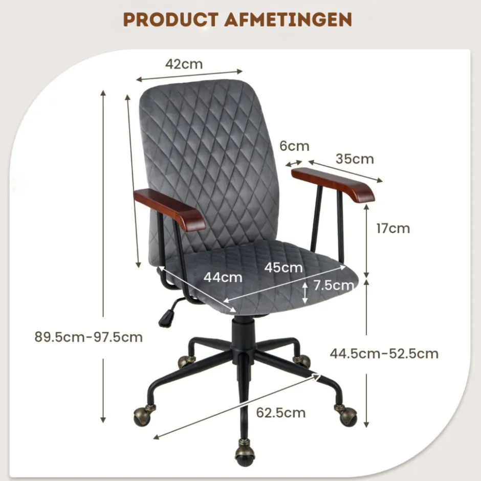 Costway Fluwelen Vintage Bureaustoel Met Kantelbare Rugleuning< Meubels