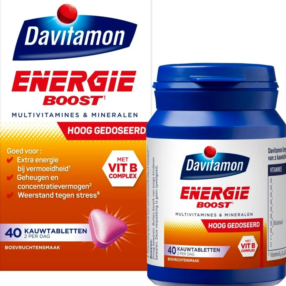 Davitamon Energie Boost¹ Hooggedoseerde Bosvruchten Kauwvitaminen< Weerstand En Energie|Vitamines
