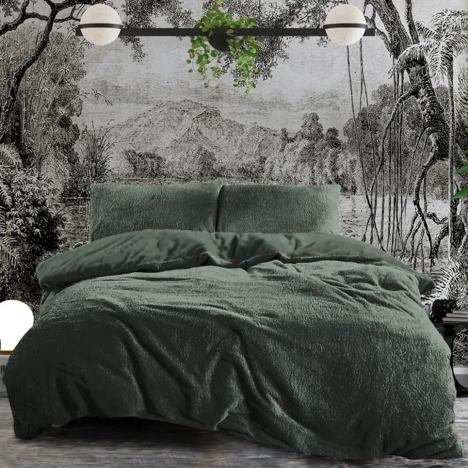 Eleganzzz Dekbedovertrek Teddy Pluche - bottle green 200x200/220cm| Sale