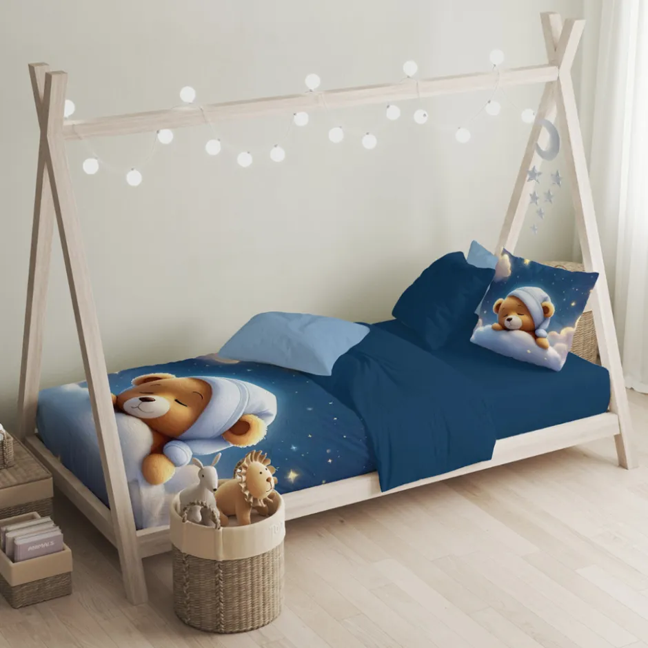 Eleganzzz Kinder Dekbedovertrek Micropercal Snuggle Bear - blue 140x220/240cm| Hot