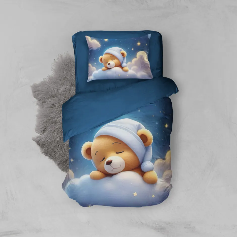 Eleganzzz Kinder Dekbedovertrek Micropercal Snuggle Bear - blue 140x220/240cm| Hot
