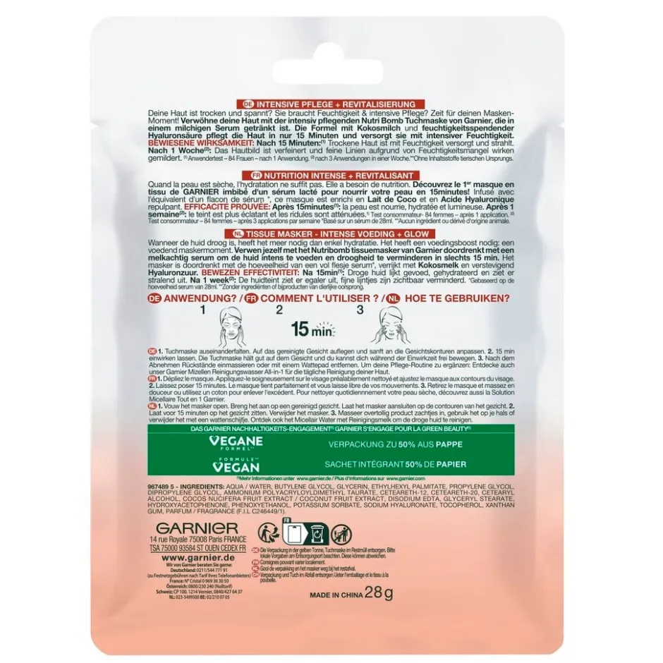 Garnier SkinActive Nutri Bomb Kokos Tissuemasker|Garnier Skin Naturals Hot