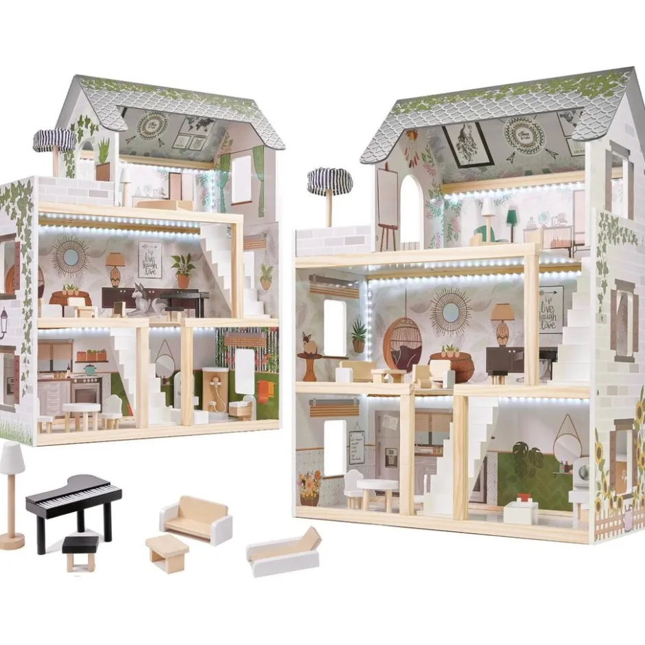 Ikonka Luxe Boho Stijl XL Houten Poppenhuis met Meubels Met LED verlichting< Houten Poppenhuizen En Tafels