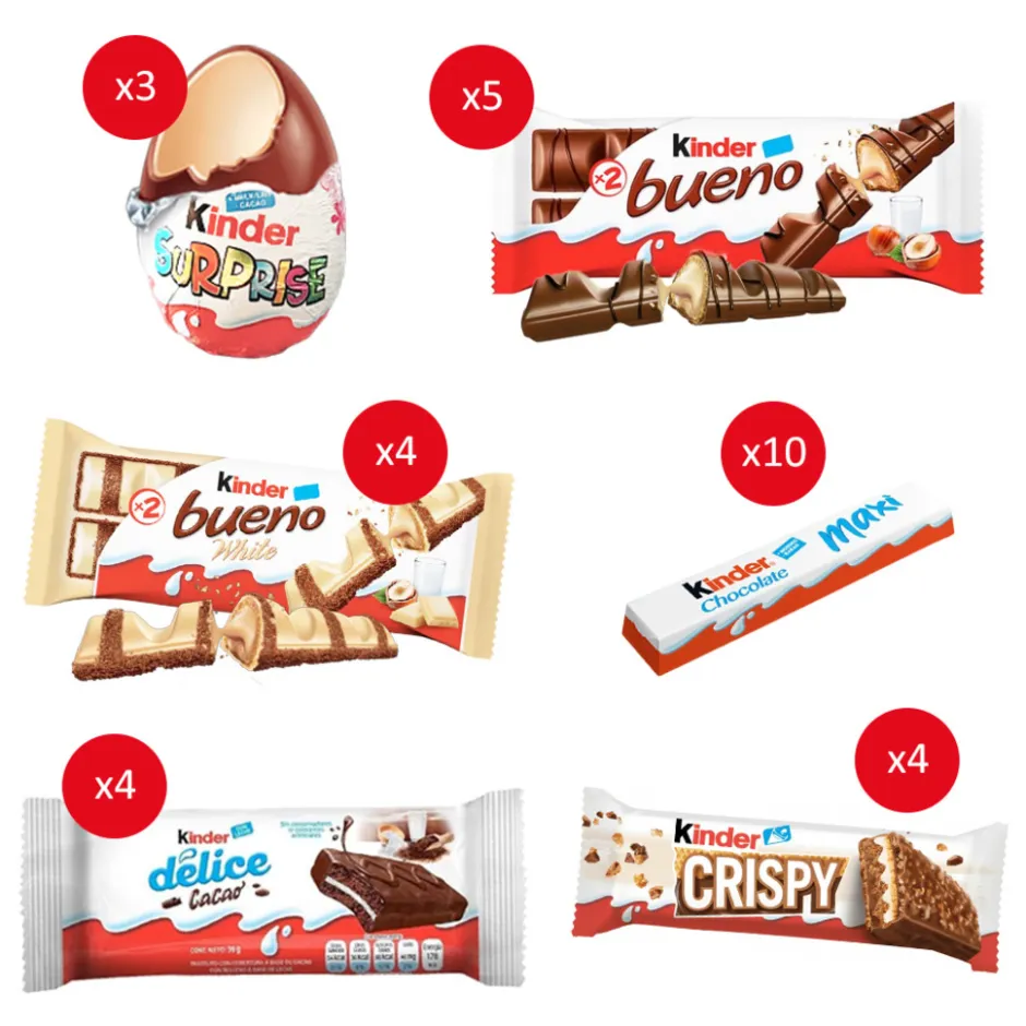 chocolade mix: Bueno melk & wit, Surprise, Delice, Maxi & Crispy|Kinder Clearance
