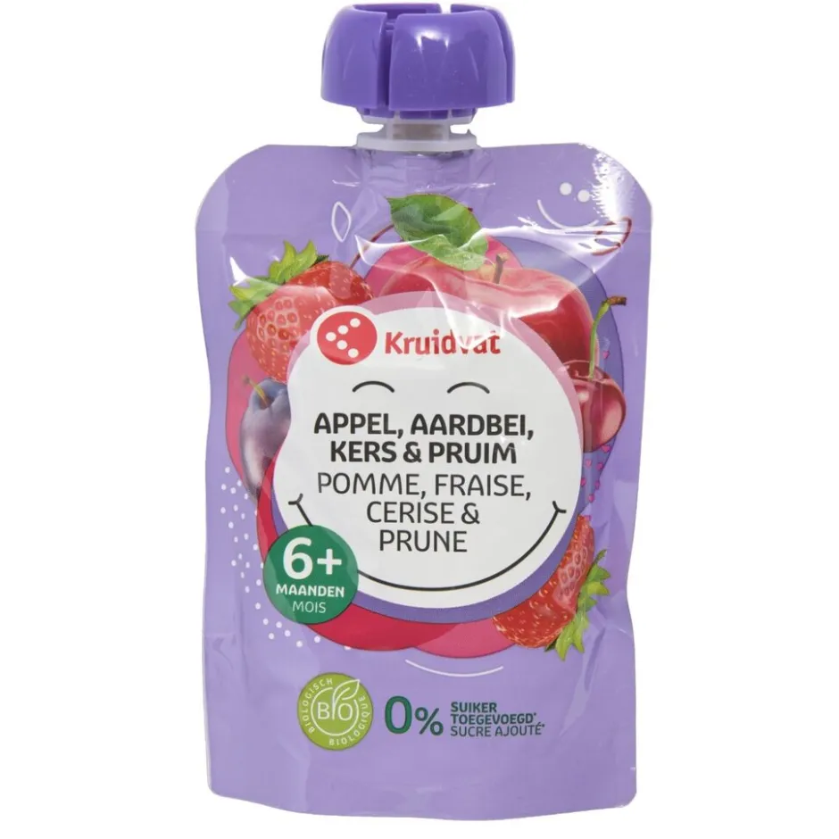 Kruidvat 6+M Bio Appel, Aardbei, Kers en Pruim Knijpzakje< Fruithapjes
