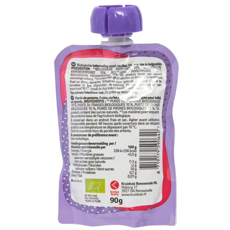 Kruidvat 6+M Bio Appel, Aardbei, Kers en Pruim Knijpzakje< Fruithapjes