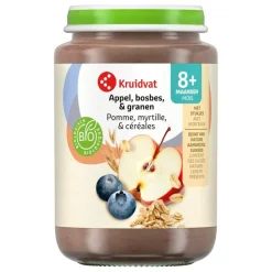 Kruidvat 8+M Bio Appel, Bosbes & Granen Fruithapje< Fruithapjes