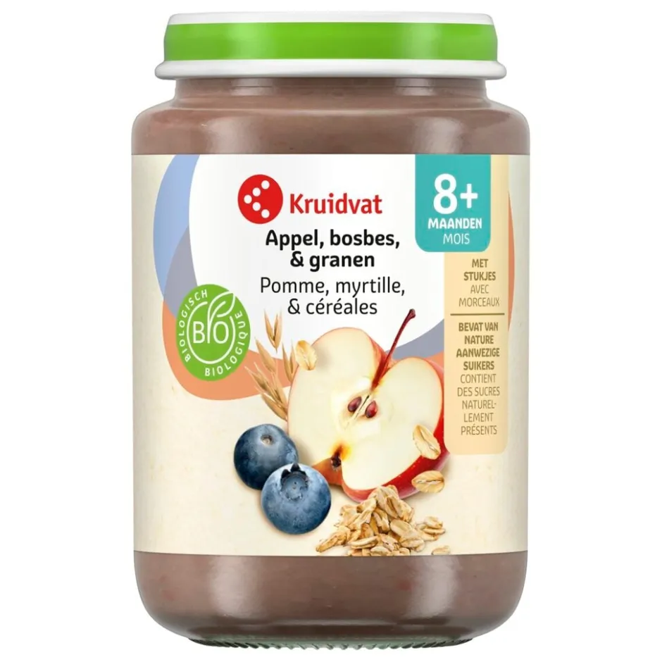 Kruidvat 8+M Bio Appel, Bosbes & Granen Fruithapje< Fruithapjes