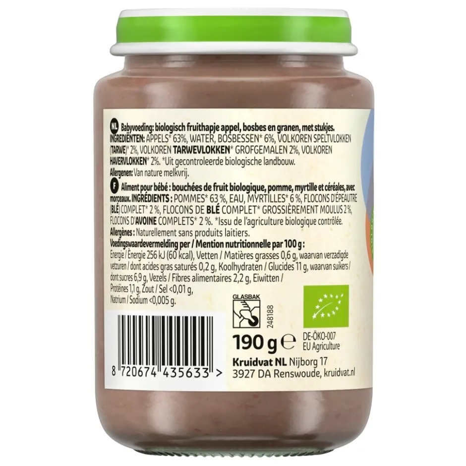 Kruidvat 8+M Bio Appel, Bosbes & Granen Fruithapje< Fruithapjes