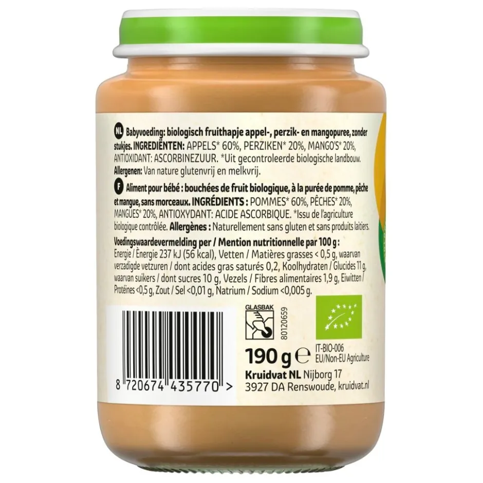 Kruidvat 6+M Bio Appel, Perzik & Mango Fruithapje< Fruithapjes