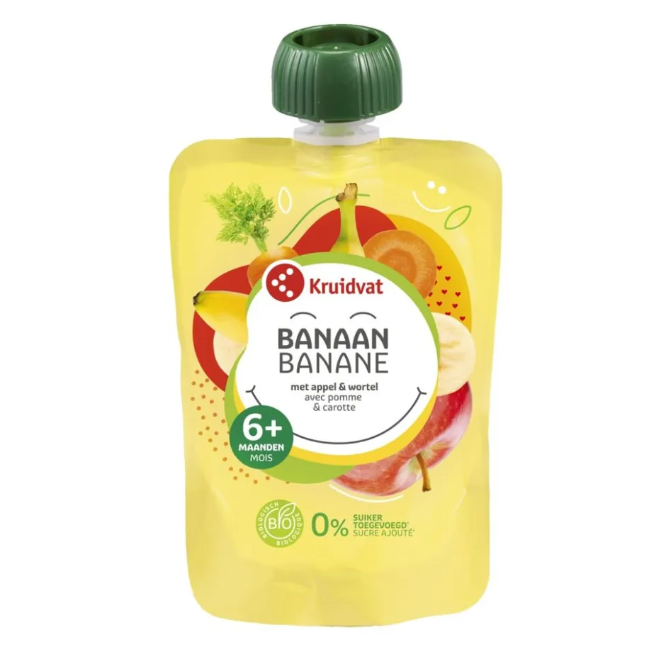 Kruidvat 6+M Bio Banaan met Appel en Wortel Knijpzakje< Fruithapjes