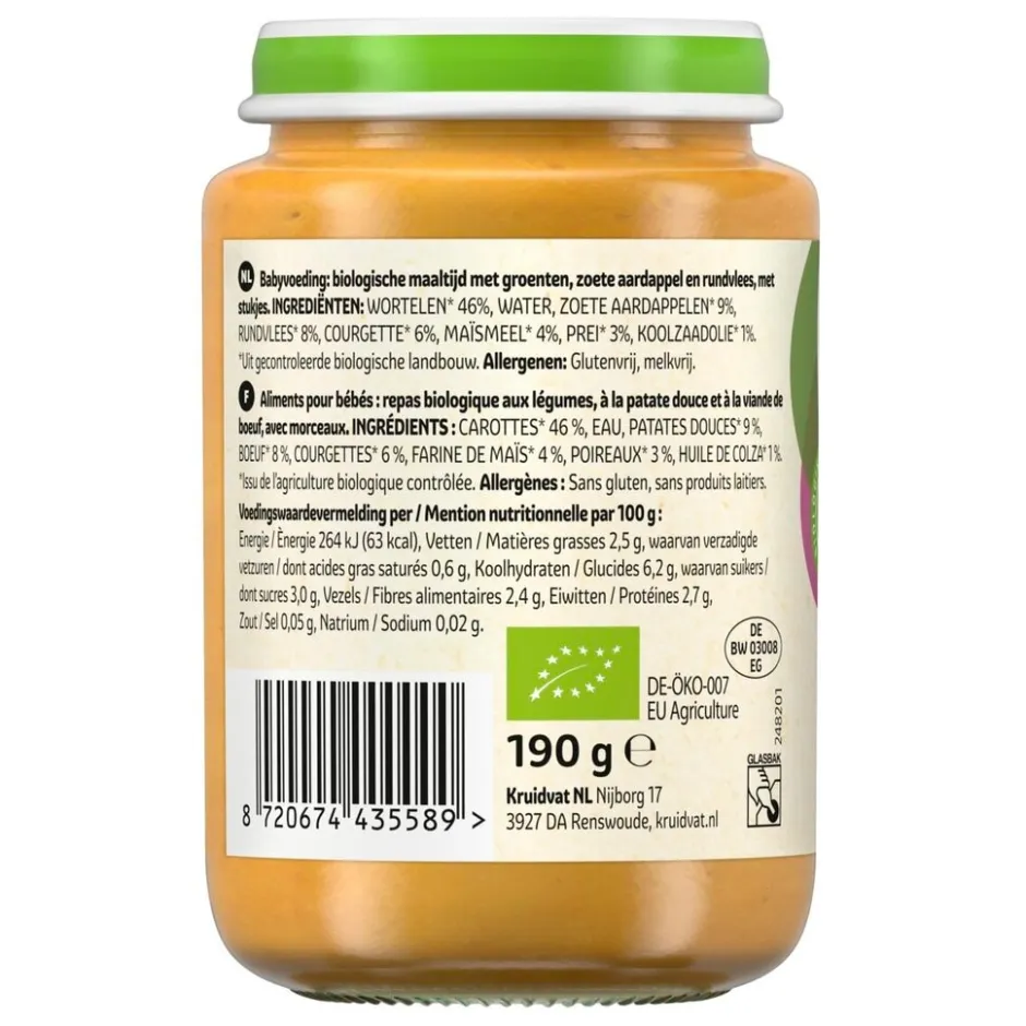 Kruidvat 8+M Bio Groenten, Zoete Aardappel & Rund Maaltijd< Babymaaltijden