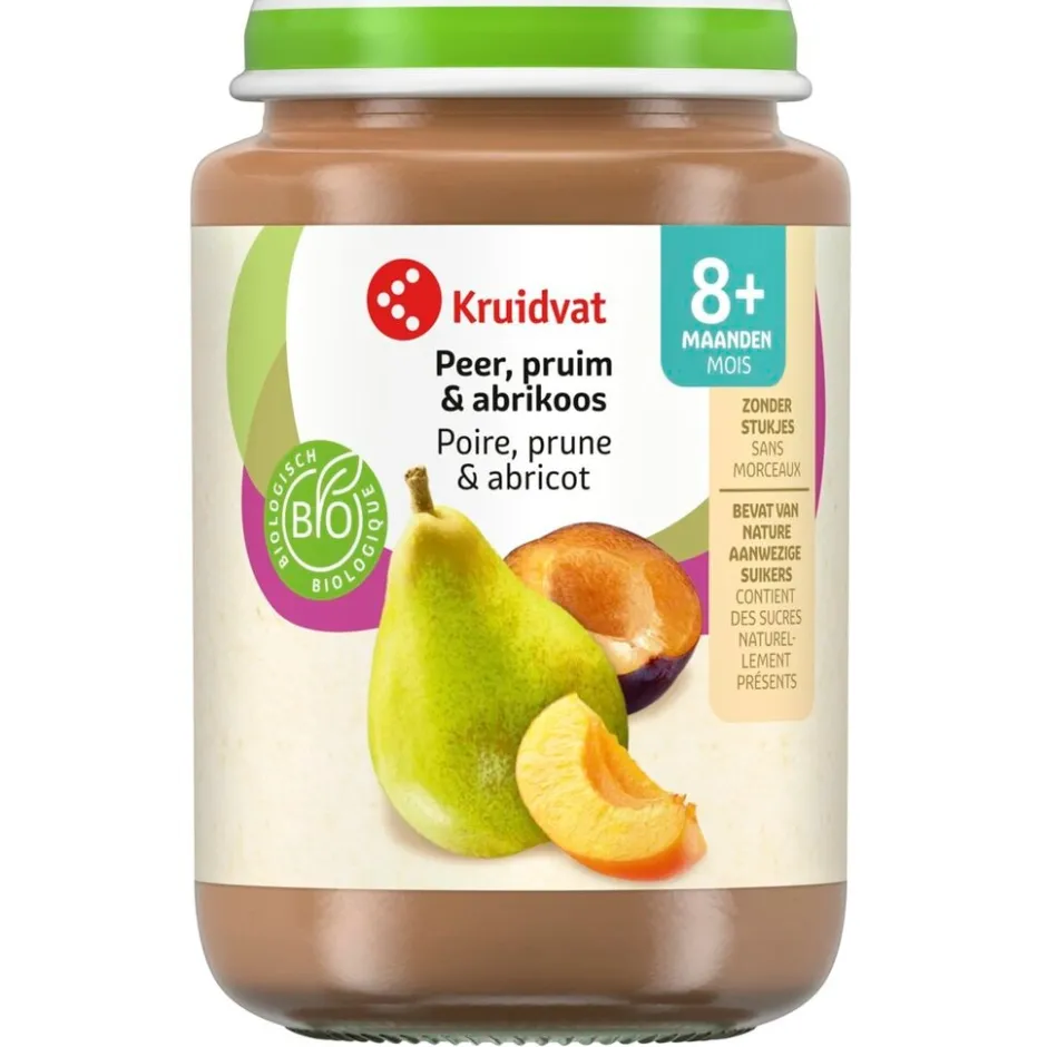 Kruidvat 8+M Bio Peer, Pruim & Abrikoos Fruithapje< Fruithapjes