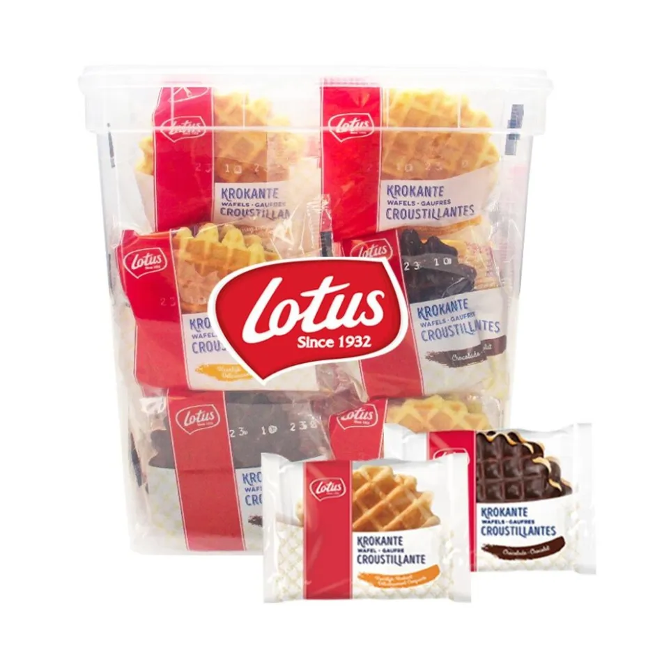 Lotus koekjesmix - Krokante wafels vanille & chocolade - 30 stuks in herbruikbare box< Koek