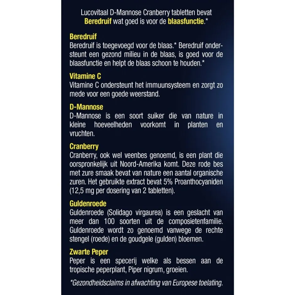 Lucovitaal D-Mannose Cranberry Tabletten< Cranberrysupplementen|Blaas Supplementen