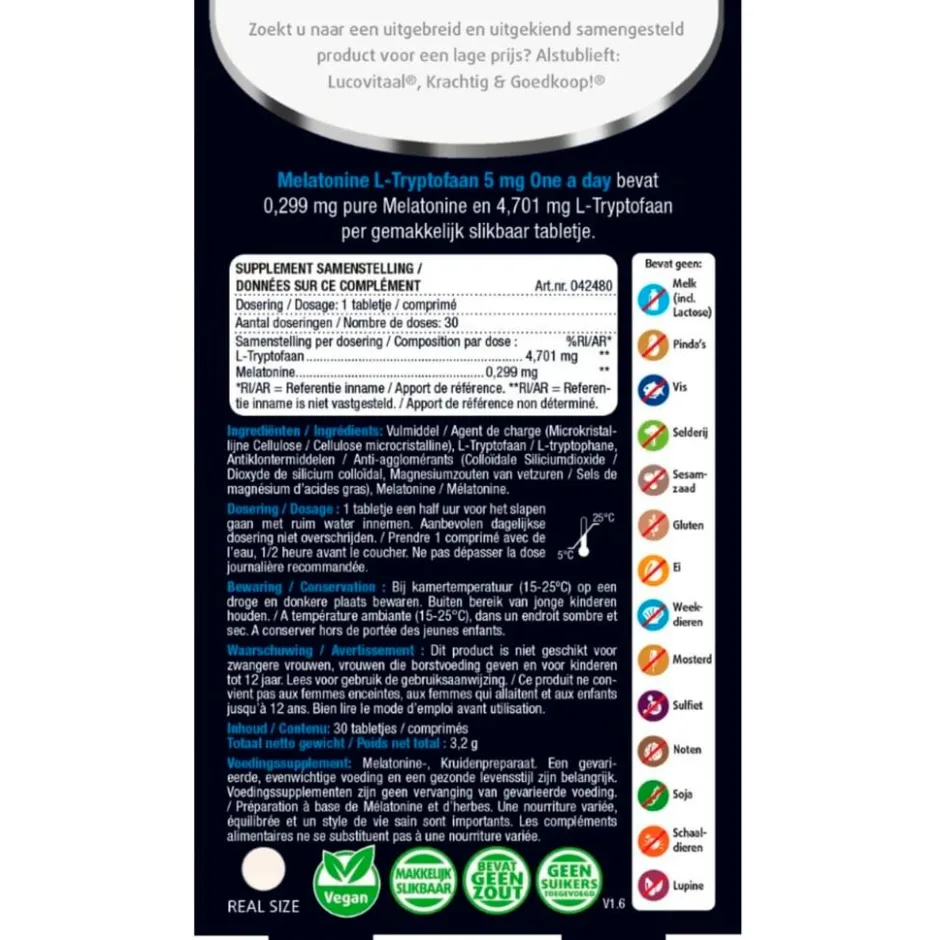 Lucovitaal Melatonine L-Tryptofaan 5mg Tabletten< Melatonine
