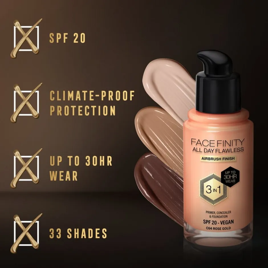 Facefinity All Day Flawless C64 Rose Gold Foundation|Max Factor Hot