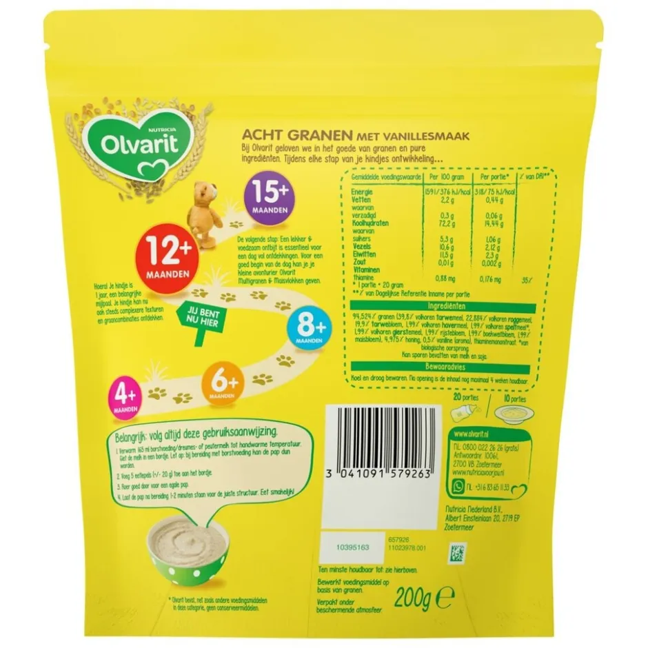 Olvarit 12+M Acht Granen Vanille Ontbijtpap< Babypap