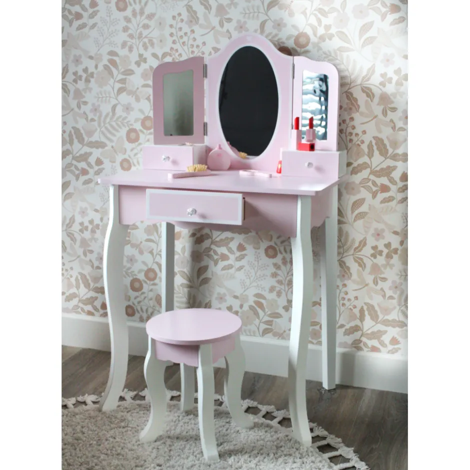 Rijoka Houten Kaptafel Make up Dresser Met Krukje 3x Spiegel< Houten Poppenhuizen En Tafels