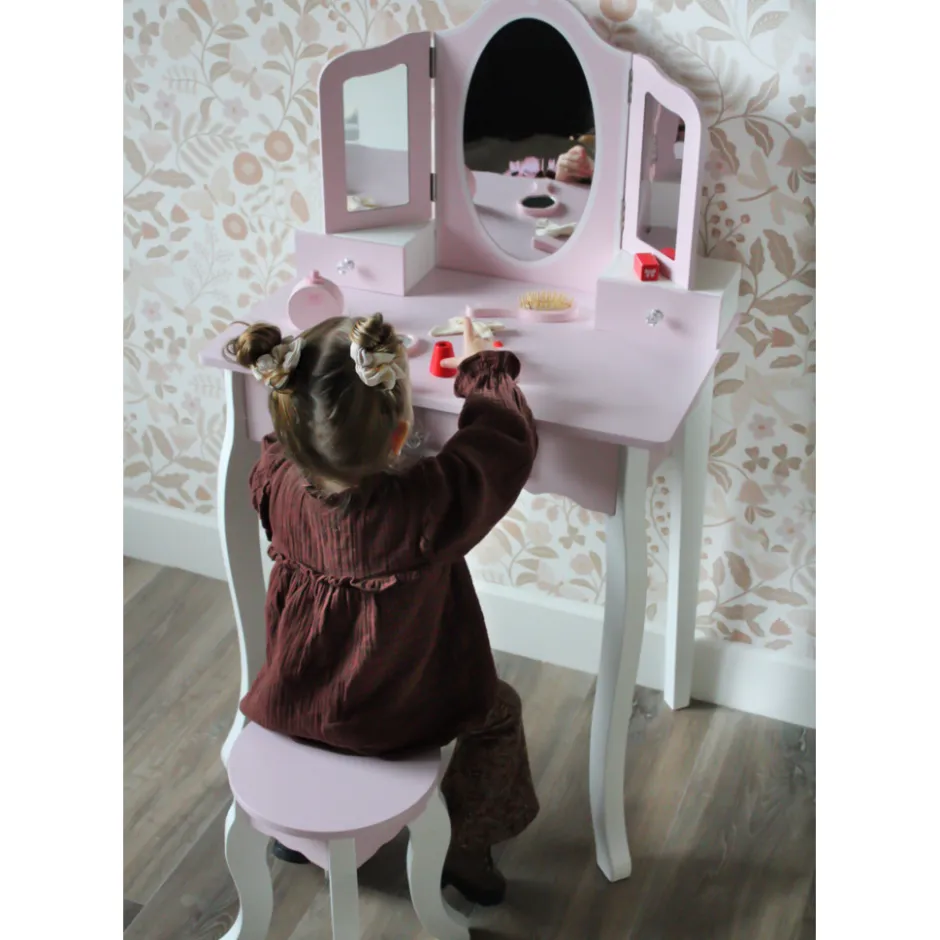 Rijoka Houten Kaptafel Make up Dresser Met Krukje 3x Spiegel< Houten Poppenhuizen En Tafels