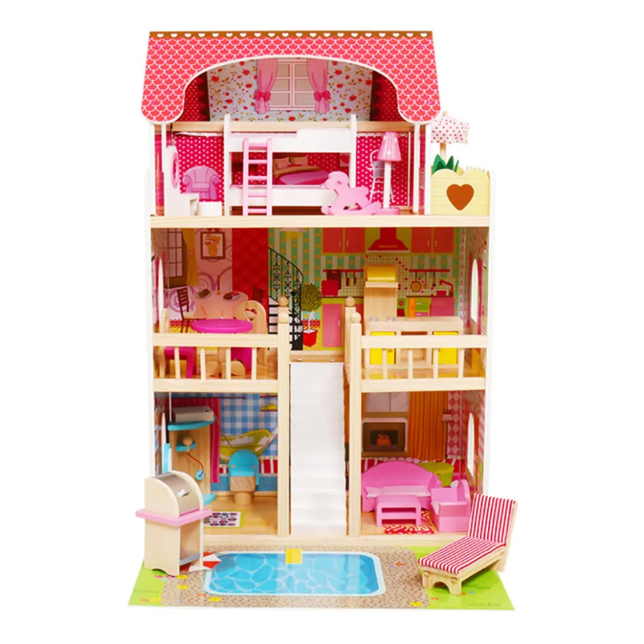 Houten Poppenhuis LED Verlichting Meubelset 15pcs 3 Verdiepingen|RIJOKA Online