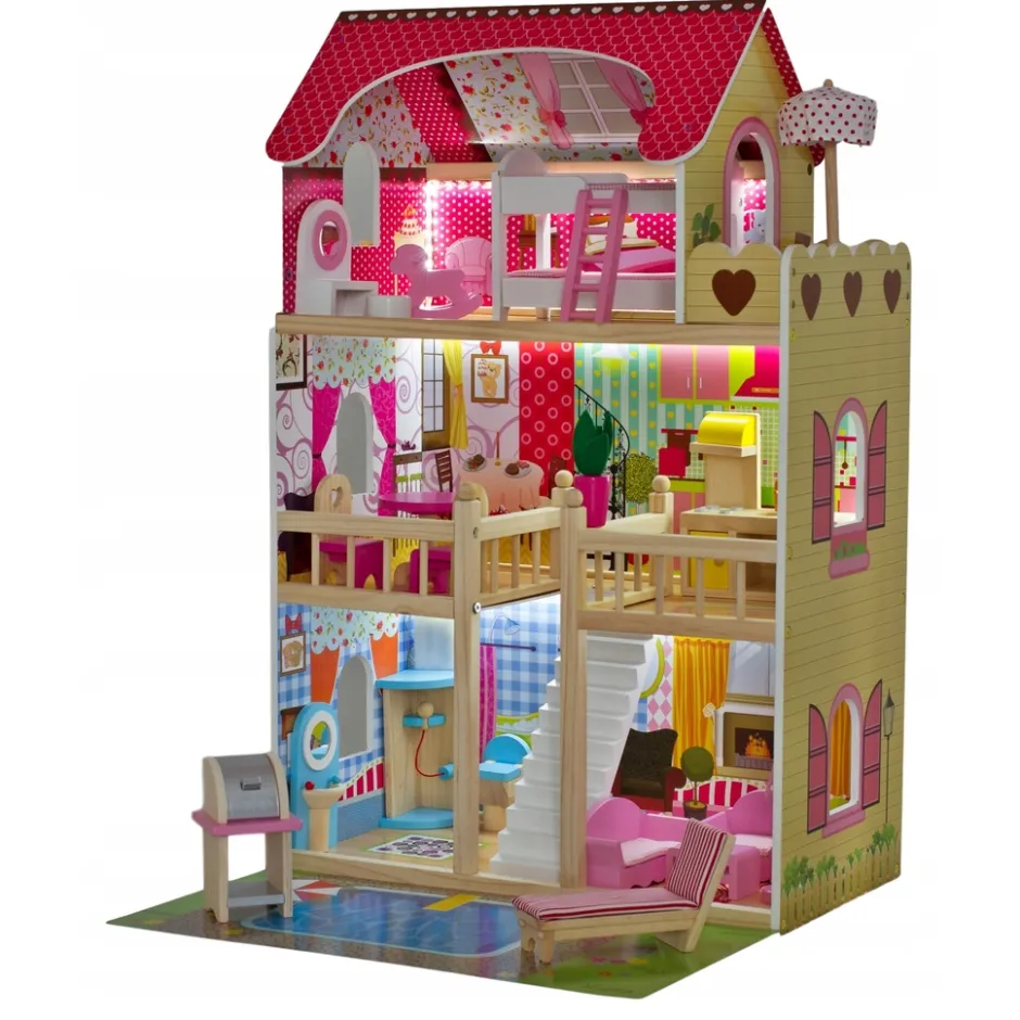 Houten Poppenhuis LED Verlichting Meubelset 15pcs 3 Verdiepingen|RIJOKA Online