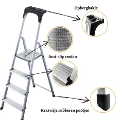 Rijoka Huishoudtrap Aluminium 4 treden Anti Slip Treden Opbergkapje< Keukentrappen