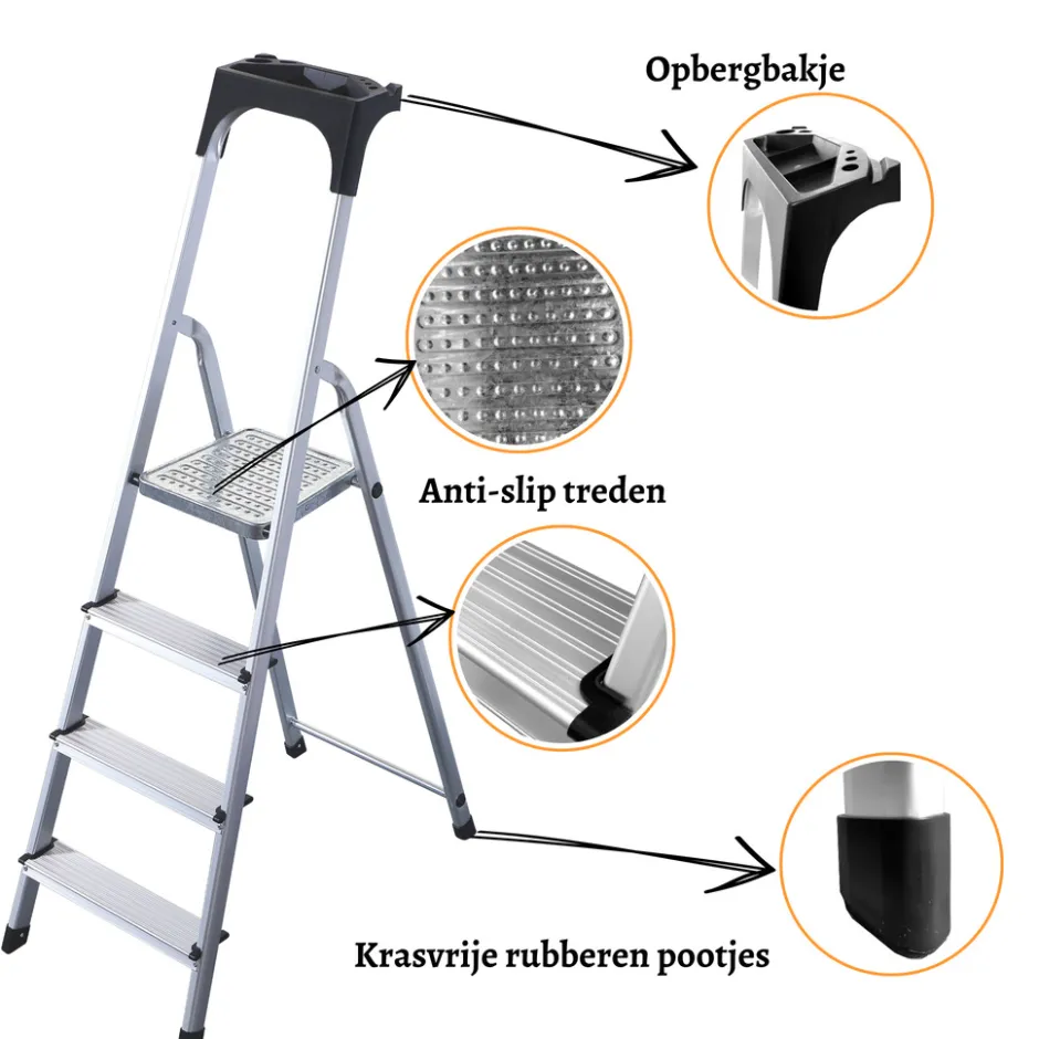 Rijoka Huishoudtrap Aluminium 4 treden Anti Slip Treden Opbergkapje< Keukentrappen