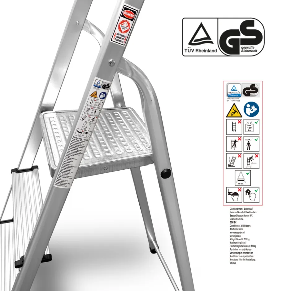 Rijoka Huishoudtrap Aluminium 4 treden Anti Slip Treden Opbergkapje< Keukentrappen