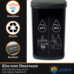 Rijoka Prullenbak Sensor Dubbel 50 Liter Recycle Soft Close Vingerafdrukvrij| Outlet