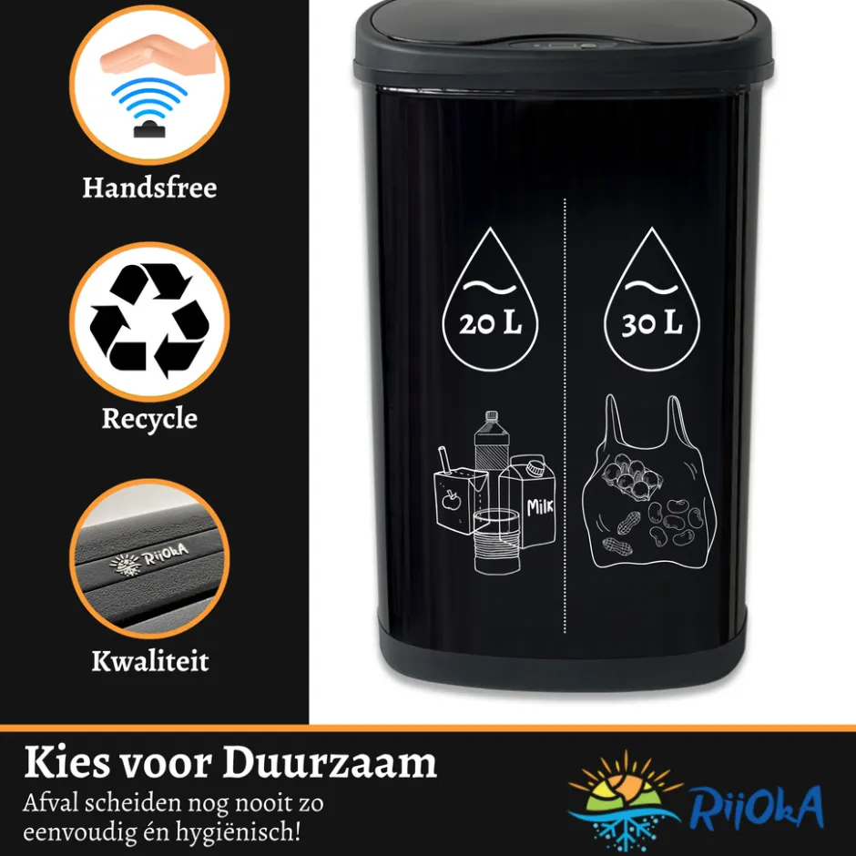 Rijoka Prullenbak Sensor Dubbel 50 Liter Recycle Soft Close Vingerafdrukvrij| Outlet