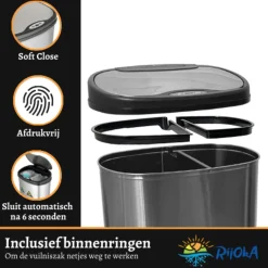 Rijoka Prullenbak Sensor Dubbel 50 Liter RVS Soft Close Vingerafdrukvrij| Best