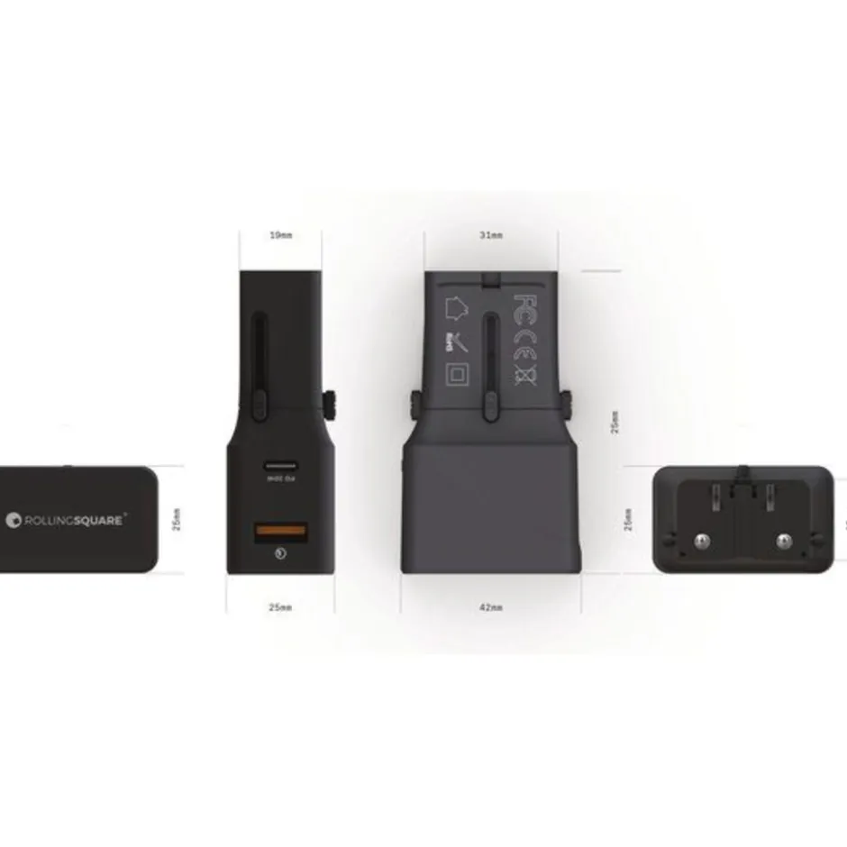 Rolling Square Pocket Travel Adapter Wereldstekker - Zwart< Telefoonkabeltjes