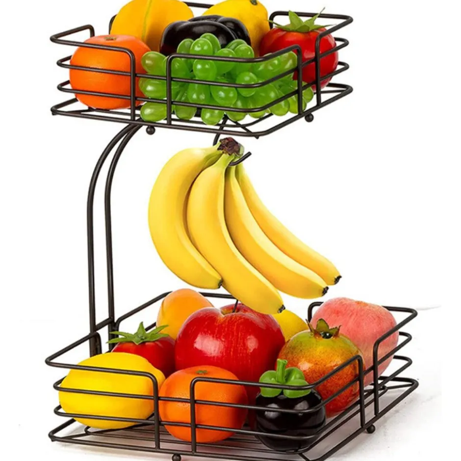 SensaHome Fruitmand met Bananenhouder Vierkant 2-Laags< Keuken