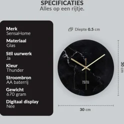 SensaHome Glazen Wandklok 30cm Minimalistische Marmeren Design met Stille uurwerk< Woonaccessoires