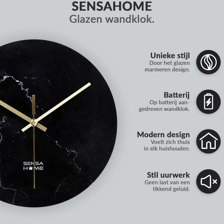 SensaHome Glazen Wandklok 30cm Minimalistische Marmeren Design met Stille uurwerk< Woonaccessoires