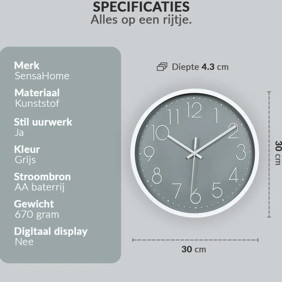 SensaHome Wandklok Minimalistische Design Stille Uurwerk TM20050-4< Woonaccessoires